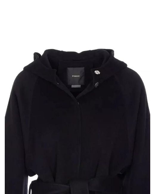Pinko Blue Long Hooded Coat Belted Waist Pockets