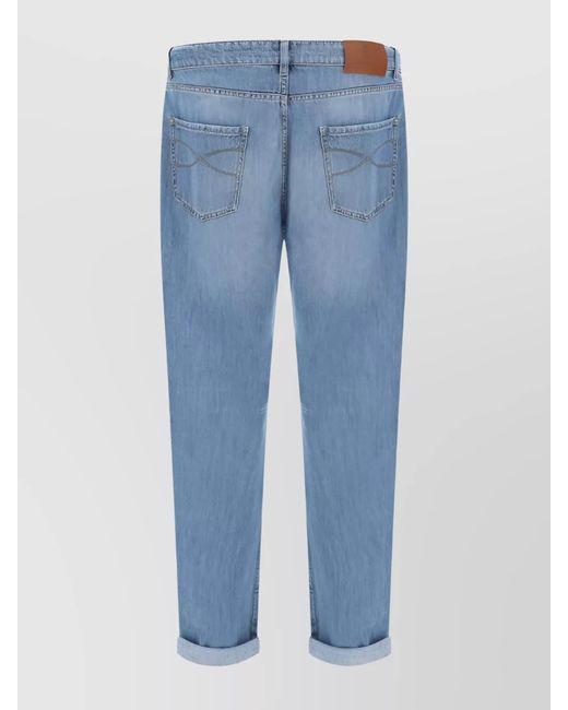 Brunello Cucinelli Blue Straight Fit Cotton Jeans With Turned-Up Hem for men