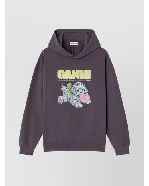 Ganni Purple Organic Cotton Oversized Puppy Print Hoodie
