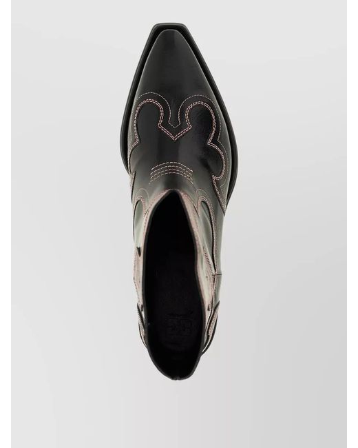 Ganni Black Embroidered Western Ankle Boots