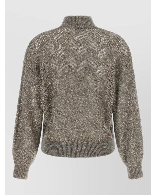 Brunello Cucinelli Gray Abstract Leaf Sequin Mohair Turtleneck Sweater
