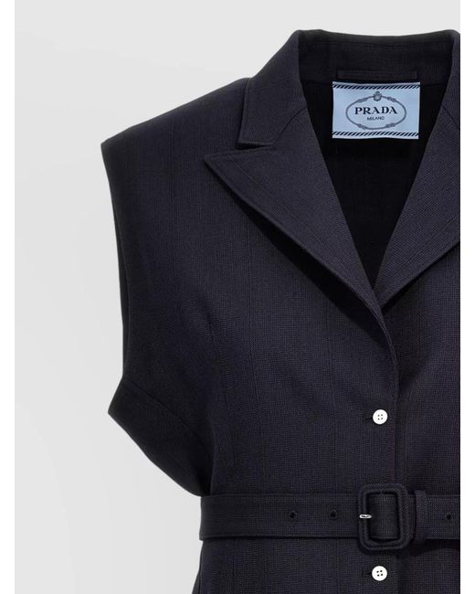 Prada Blue Belted Wool Vest With Notched Lapel
