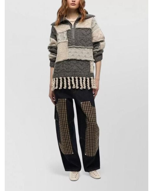 Ganni Multicolor Knit Sweater Fringe Hem Long Sleeves Patchwork