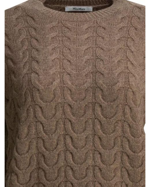 Max Mara Brown Cable Knit Crew Neck Sweater Long Sleeves