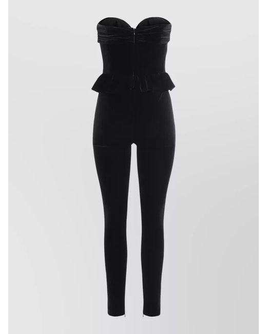 Alessandra Rich Black Strapless Velvet Jumpsuit Peplum Bow Detail