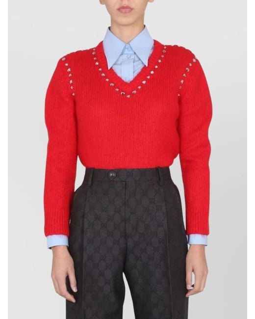 Gucci Red Mohair V-Neck Studded Jumper