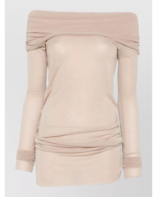 Rick Owens Natural Off Shoulder Ruched Stretch Long Sleeve Top