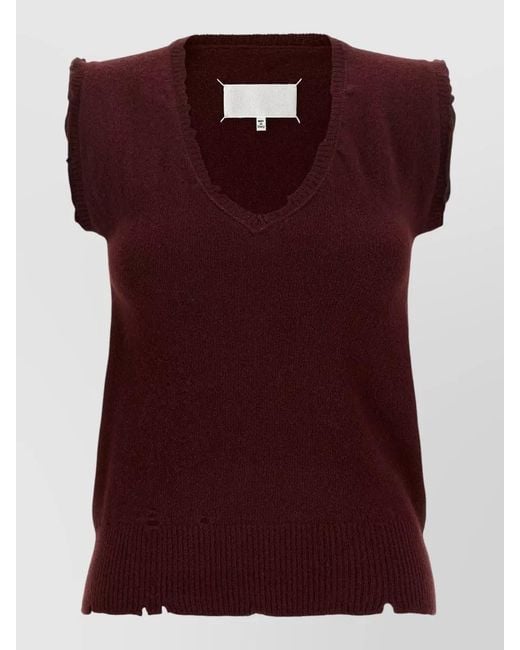Maison Margiela Red Distressed Virgin Wool Sleeveless Jumper