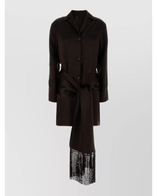 Ferragamo Black Satin Blazer Longline Fringe Waist Tie