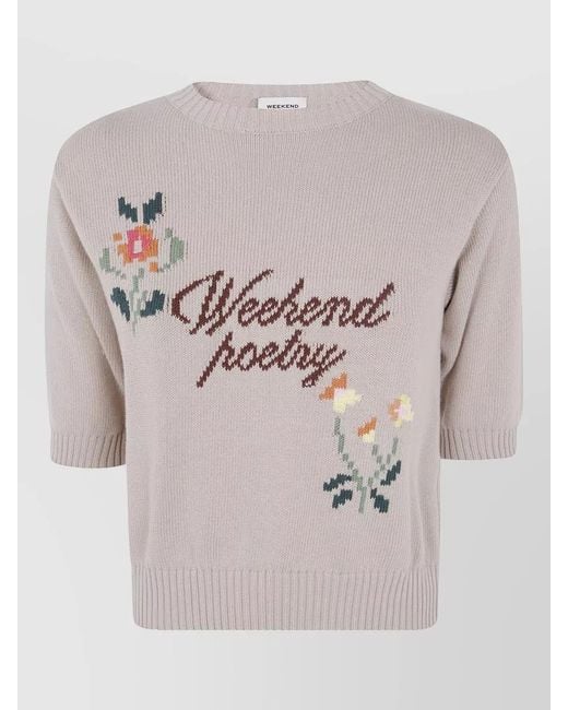 Weekend by Maxmara Gray Floral Embroidery Sweater Ribbed Hem Cuffs Text