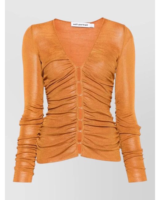 Self-Portrait Orange Viscose Knit Top Long Sleeve Ruched