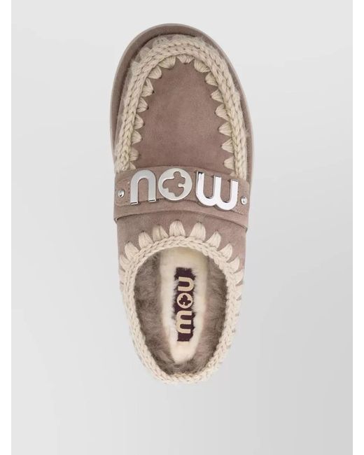 Mou Brown Slippers Embroidered Motif Flat Sole Round Toe
