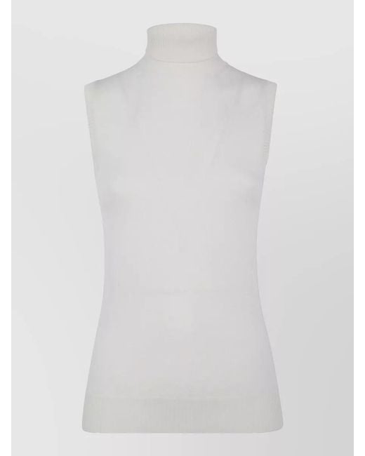 Sportmax White Sleeveless Turtleneck Knit Top Ribbed Hem