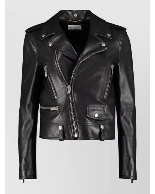 Saint Laurent Black Cropped Leather Biker Jacket Tailored Fit