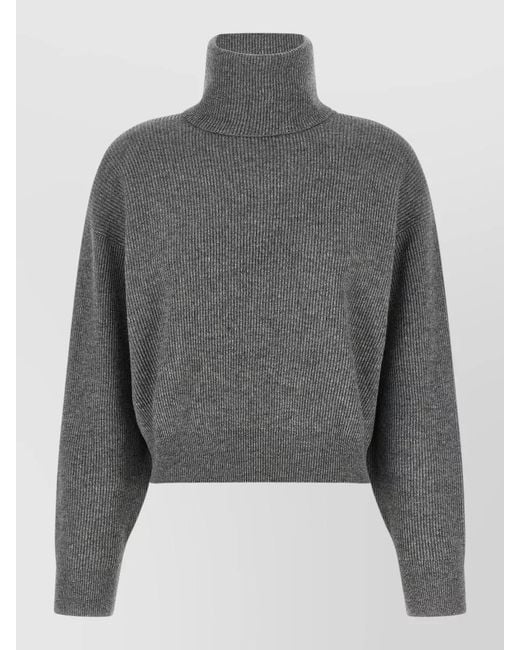 Brunello Cucinelli Gray Rib Knit Sweater Dropped Shoulders Collar Detail