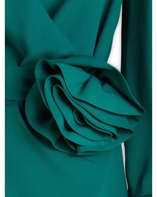 SIMONA CORSELLINI Green Wrap Blouse Deep Neckline Floral Sash Waist