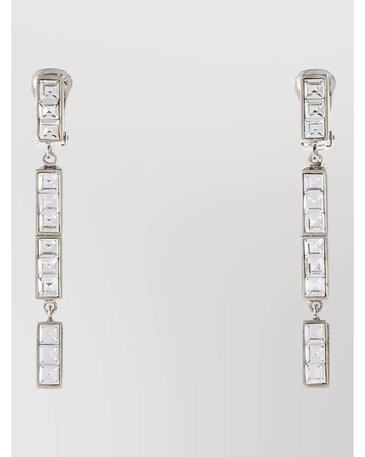 Alessandra Rich White Metal Drop Earrings Square Gemstones