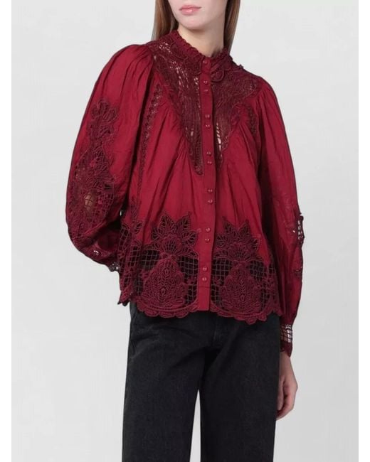 Farm Rio Red High Neck Lace Top Long Sleeves