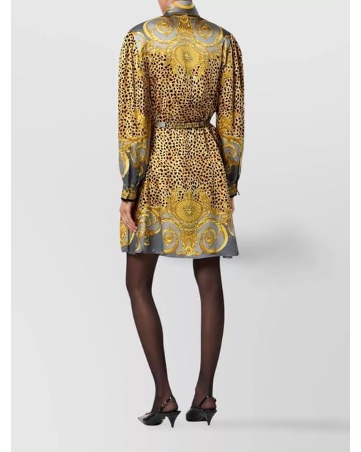 Versace Blue Silk Printed Long-Sleeve Mini Dress