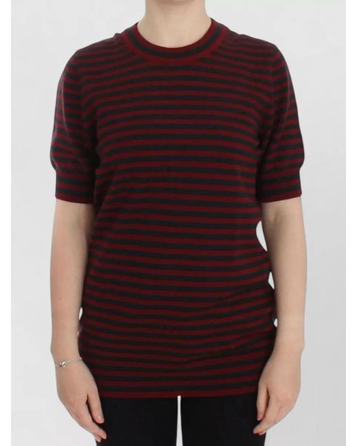 Dolce & Gabbana Red Striped Cashmere Short-Sleeve Crew-Neck Sweater