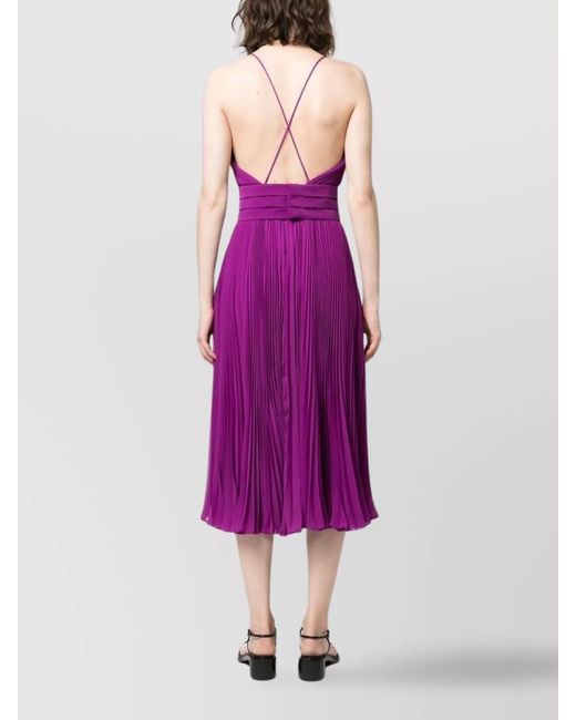 Max Mara Purple Pleated Belted V-Neck Midi Dress