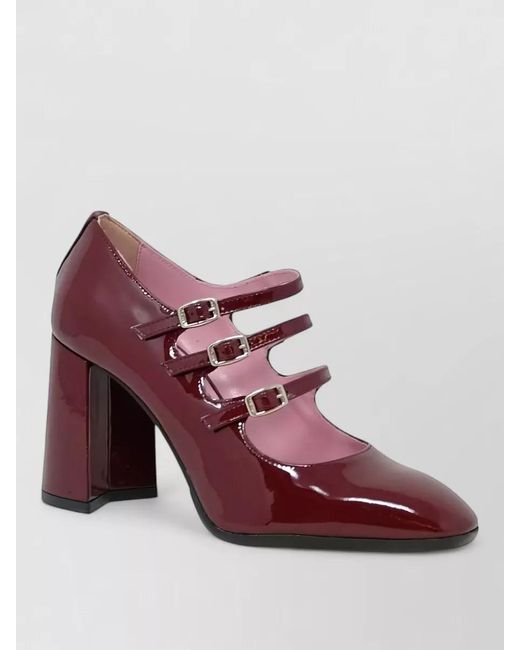 CAREL PARIS Red Patent Leather Block Heel Triple Strap Pumps