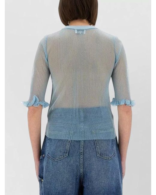 Ganni Blue Bunny Crew Neck Knit Top Sheer