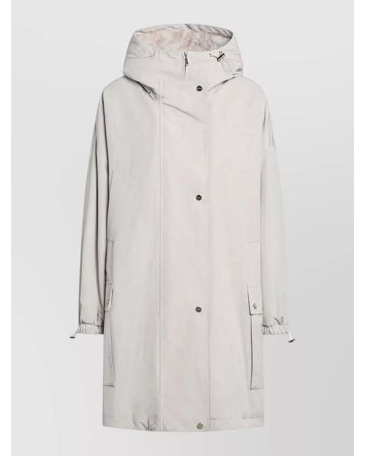 Max Mara White Long Hooded Jacket Adjustable Cuffs Hem