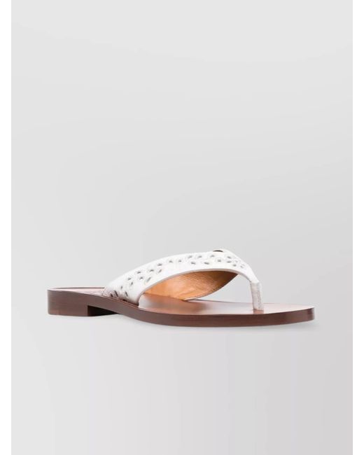 Chloé White Leather Floral-Embroidered Thong Sandals