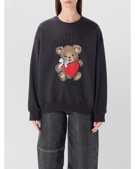 Ganni Blue Cotton Oversized Rhinestone Bear Sweatshirt