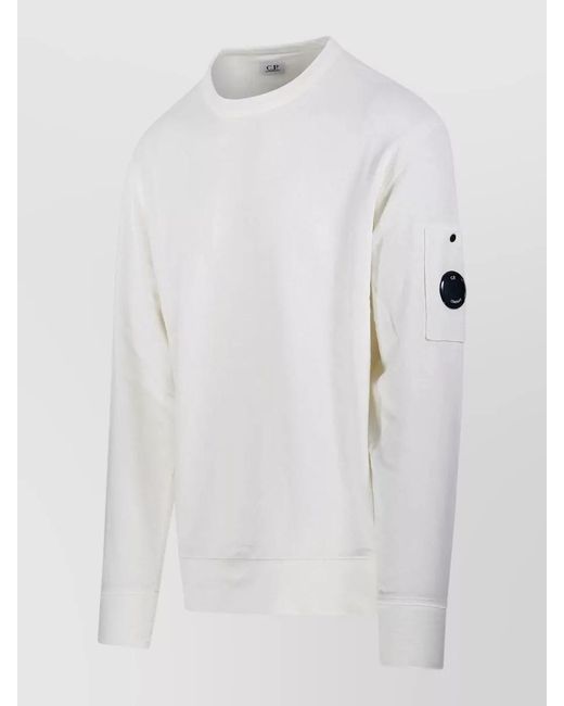 C P Company White Crewneck Fleece Sweatshirt Arm And Front Pocket for men