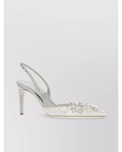 Rene Caovilla White Pointed Toe Embellished Lace Pumps