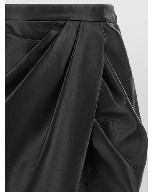 Balmain Black Leather Asymmetric Draped Midi Skirt