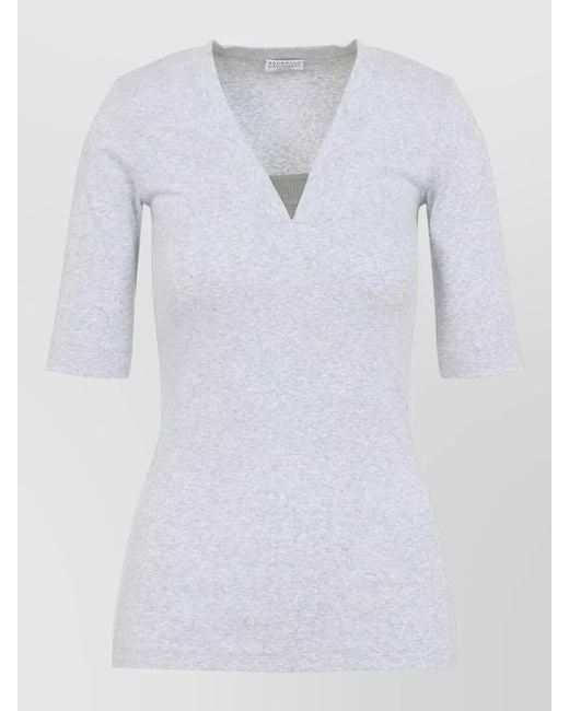 Brunello Cucinelli White Ribbed V-Neck Short-Sleeve T-Shirt