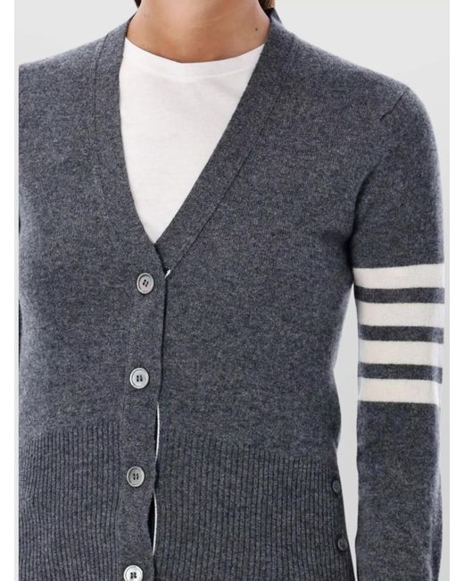 Thom Browne Blue V-Neck Cardigan With Ribbed Hem And Stripe Detail