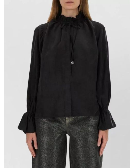 Ganni Black Cupro Viscose Shirt Button Detail Ruffle Collar