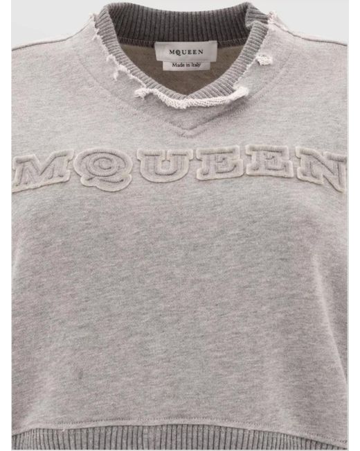 McQueen Gray Cropped V-Neck Sweatshirt