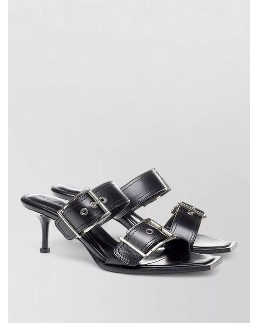 McQueen Gray Leather Double-Buckle Mules