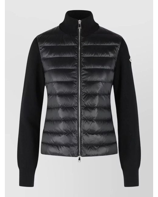 Moncler Black Virgin Wool Padded Cardigan High Collar Zip