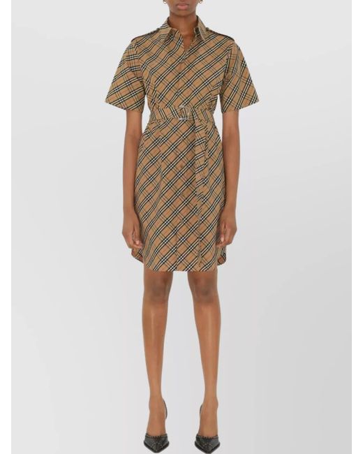 Burberry Natural Check Cotton Belted Midi Shirt Dress