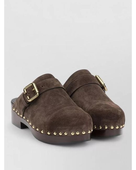 Chloé Brown Jeannette Suede Mules Buckle Studs Wooden Sole