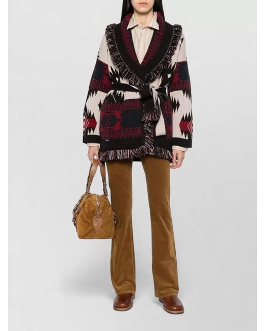 Alanui White Belted Cardigan Long Sleeves Patterned Fringe