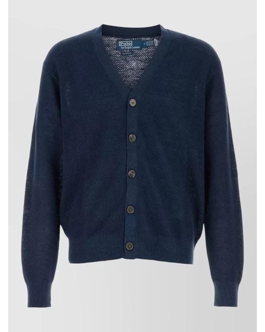 Polo Ralph Lauren Blue Linen Cardigan V Neckline Long Sleeves for men