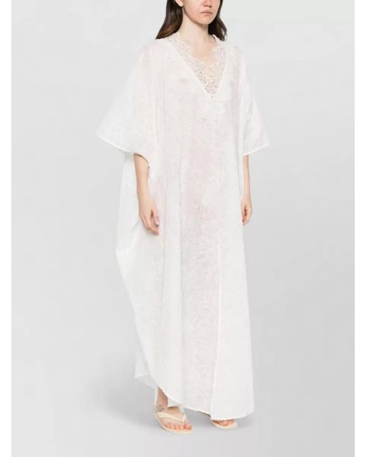 Ermanno Scervino White Long Kaftan Dress V Neckline Loose Fit
