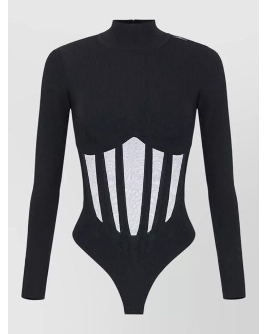 Elisabetta Franchi Blue Ribbed Slim-Fit High-Neck Bodysuit