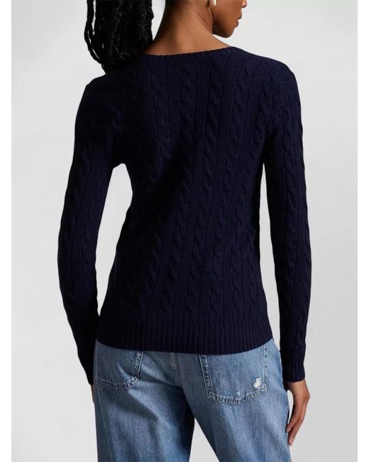 Polo Ralph Lauren Blue Wool Cashmere Cable-Knit V-Neck Long-Sleeve Sweater