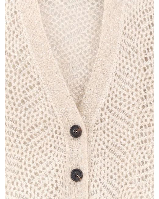 Brunello Cucinelli Natural V Neck Long Sleeve Textured Knit Top