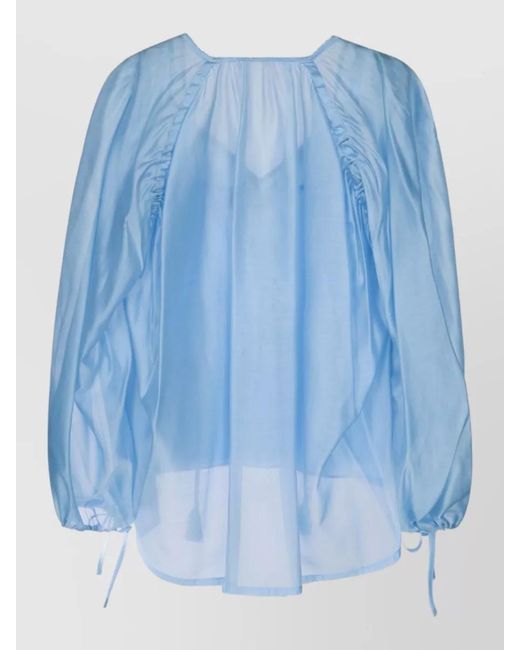 ERMANNO FIRENZE Blue Loose Blouse Top Ruched Sleeves Tassel Ties