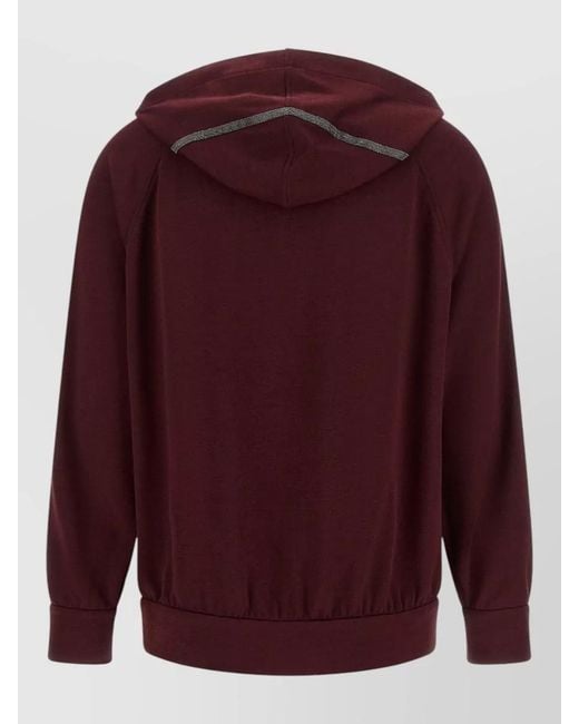 Brunello Cucinelli Red Cotton Blend Hoodie Raglan Shoulders Side Stripes