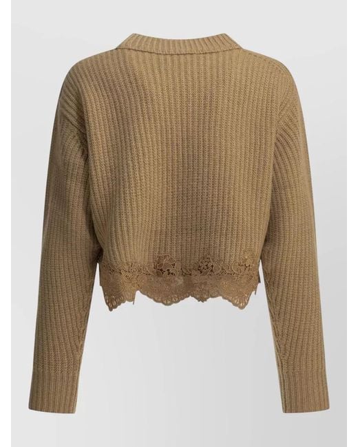 Chloé Natural Cashmere Wool Ribbed Cropped Lace-Trim Sweater